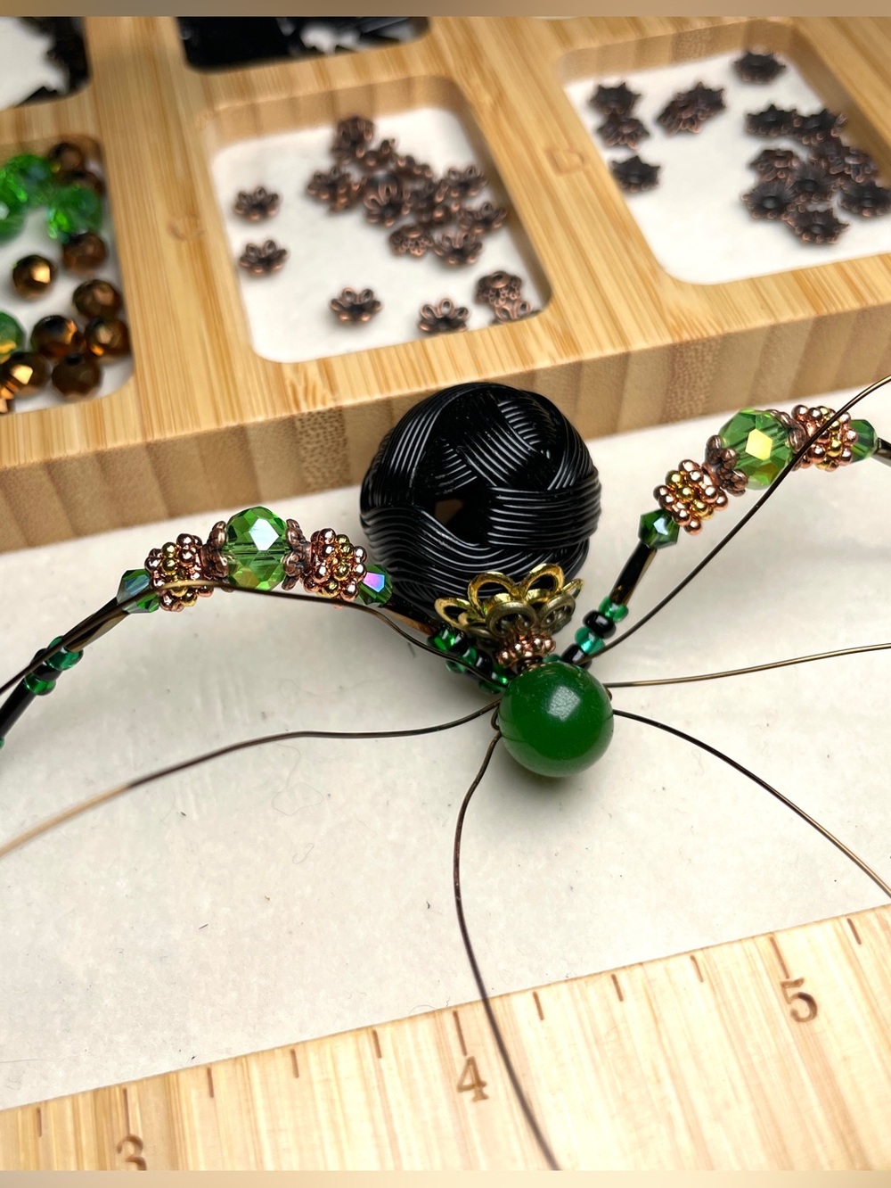Artisan Made | Green Jade | Black Crystal Beaded Spider | Halloween Ornament - Picture 12 of 14